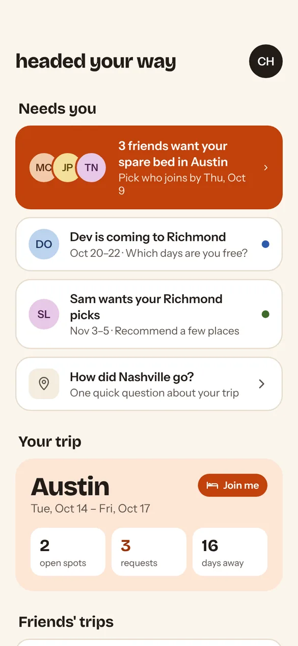 Home screen: friends asking for a spare bed in Austin, a friend coming to Richmond, and your upcoming trip