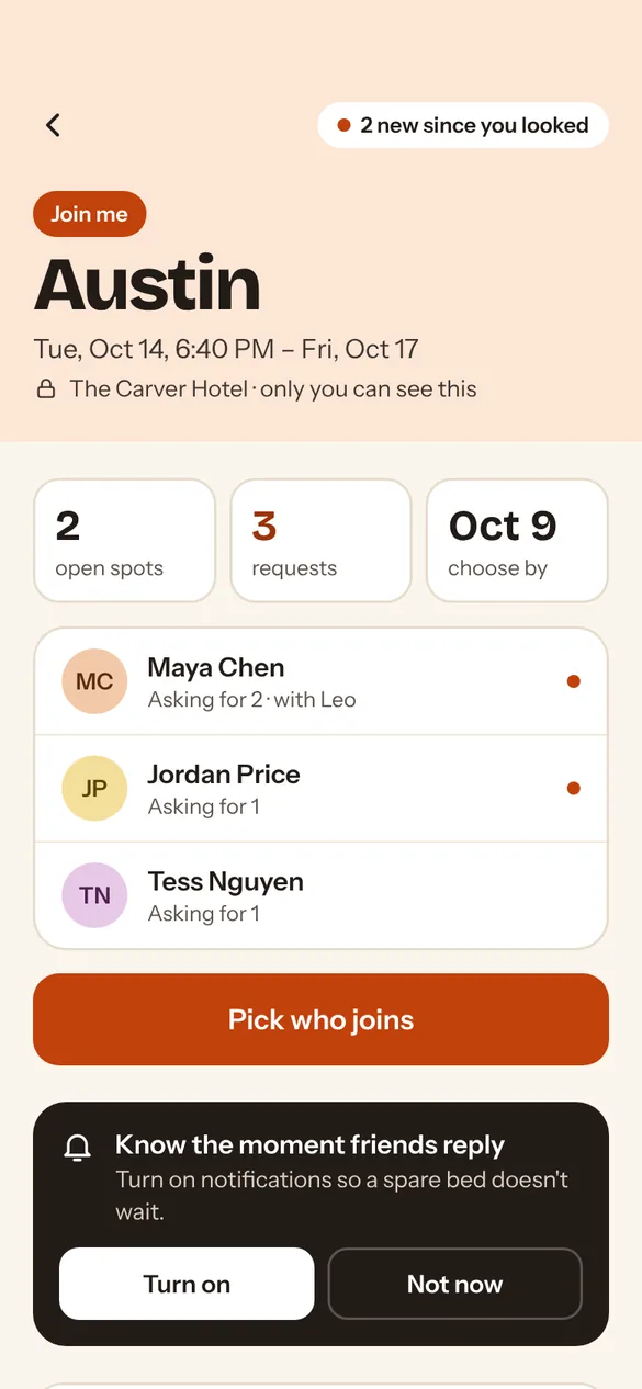 Trip screen for Austin with three friends asking to join and a Pick who joins button