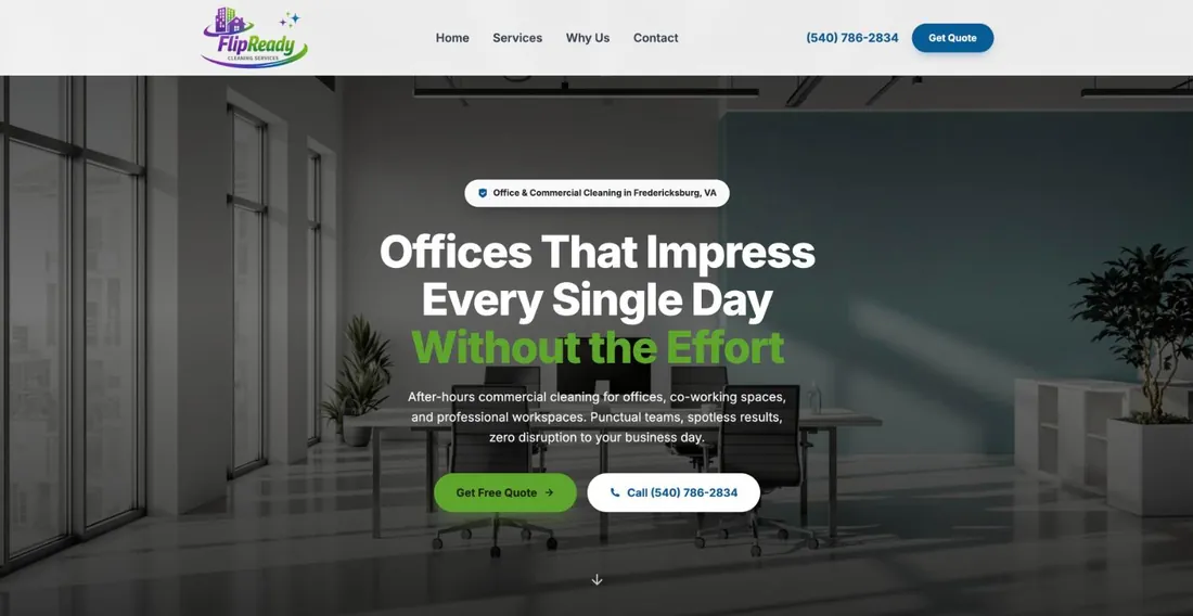 flipready.co homepage: office and commercial cleaning in Fredericksburg, Virginia, with Get Free Quote and call buttons