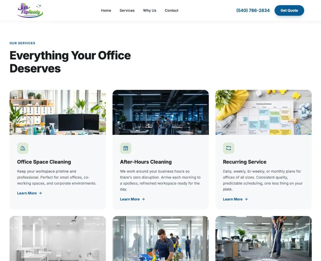 flipready.co services: office space cleaning, after-hours cleaning and recurring service