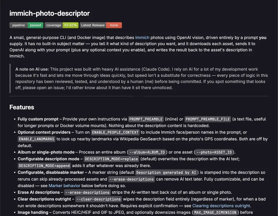 The immich-photo-descriptor README on GitLab, showing a passing pipeline, 92.65% test coverage and its features