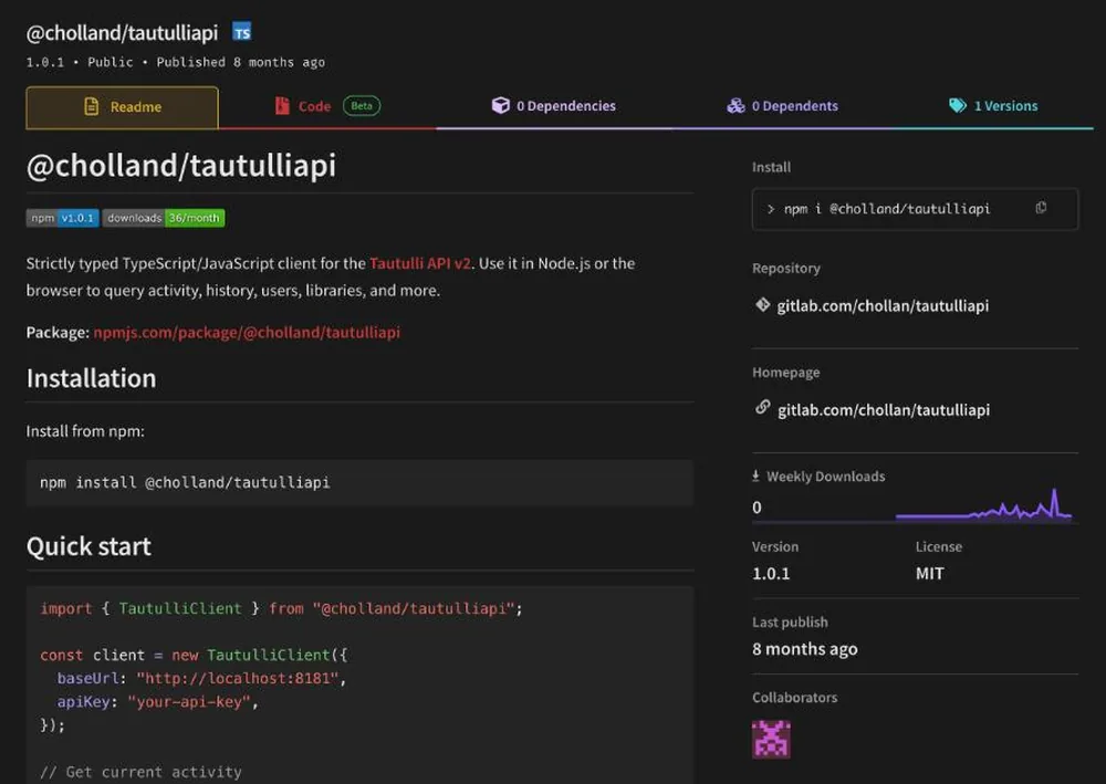 The @cholland/tautulliapi page on npm, with install command, quick start code and MIT license